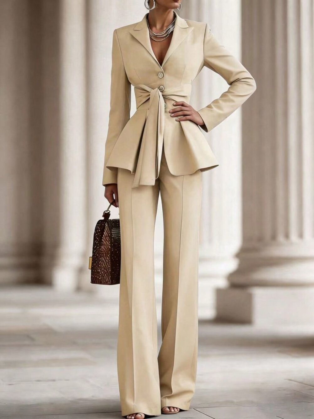 Apricot Casual Women's Elegant Jacket & Pants Set - Picture 5 of 5